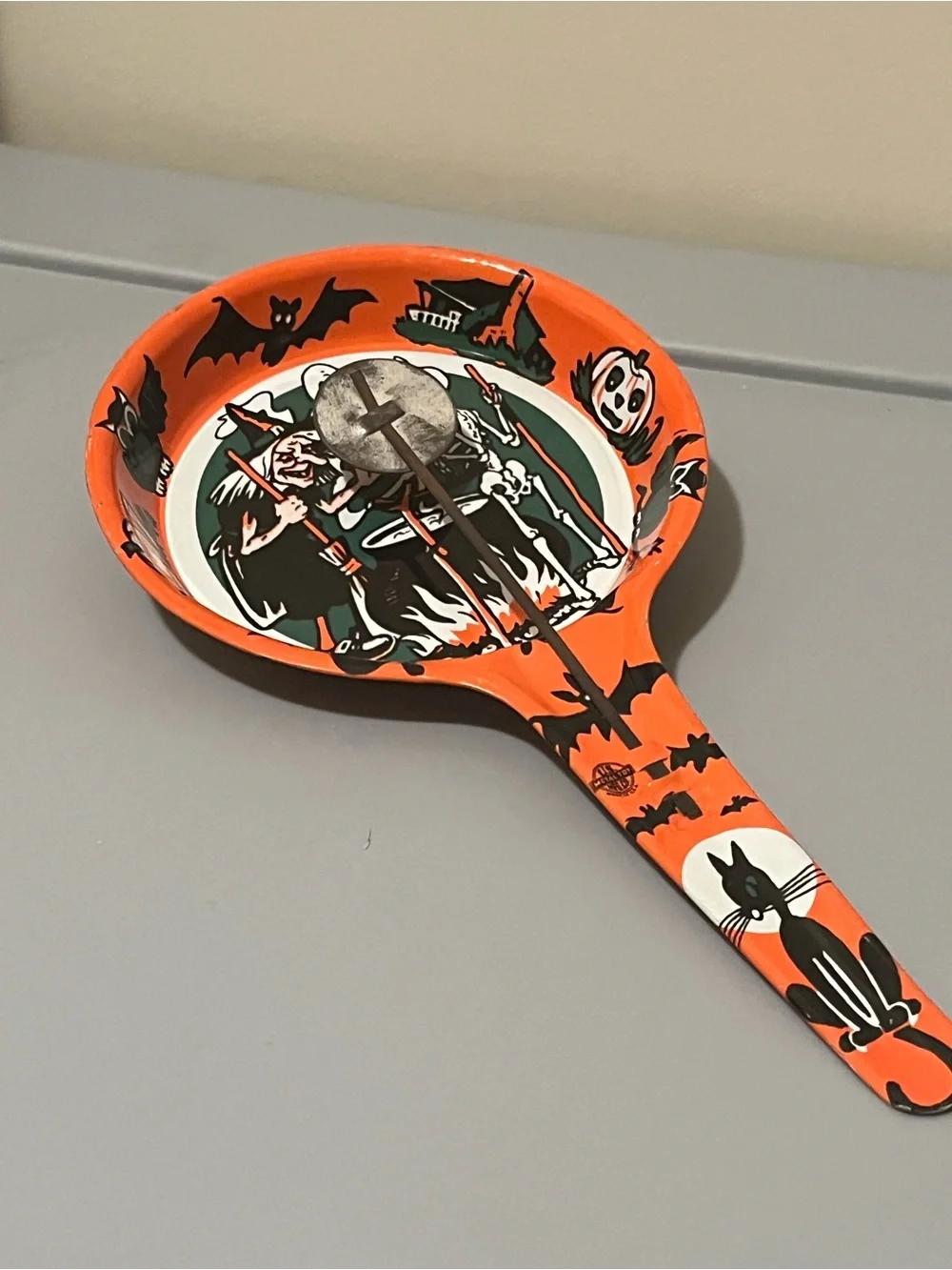 Vintage Halloween Tin Paddle Clicker Noisemaker Witch Skeleton Ghost 8in